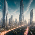 Futuristic cityscape with skyscrapers, flying vehicles, and vibrant light-trails