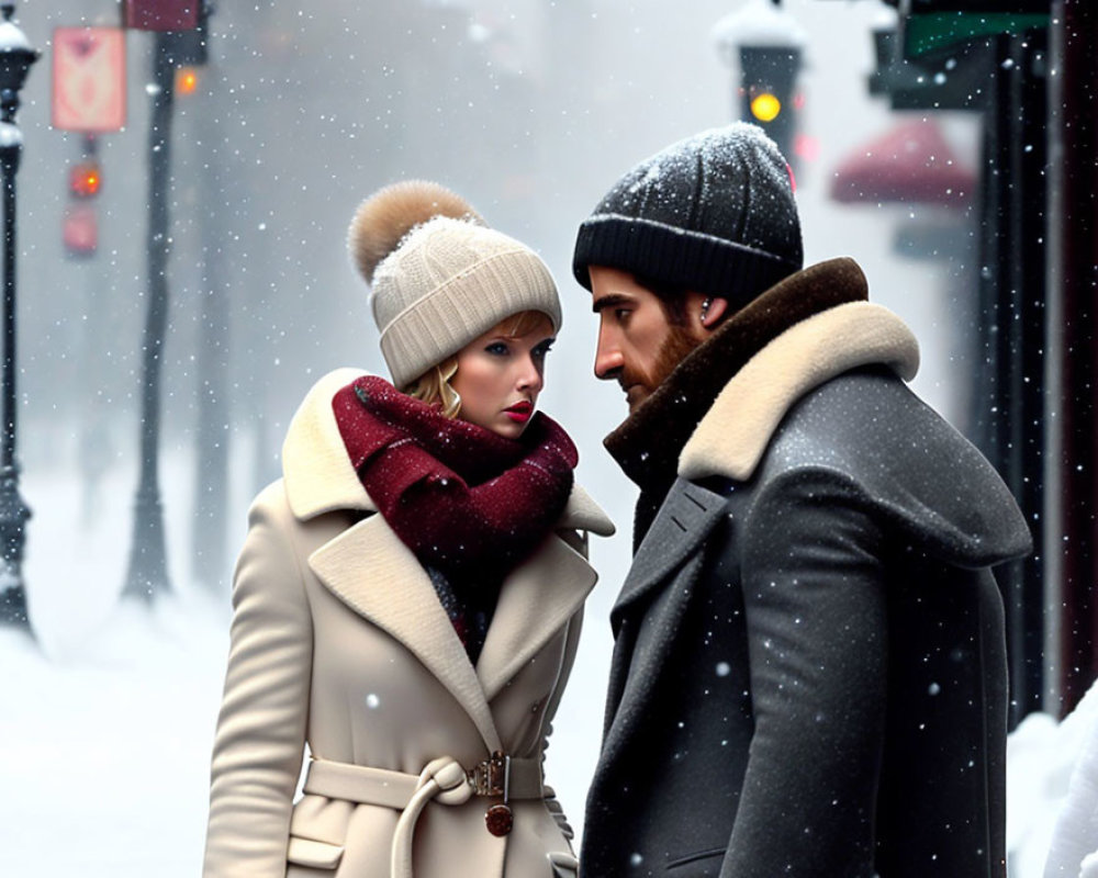 Man and woman in winter attire having serious conversation on snowy street