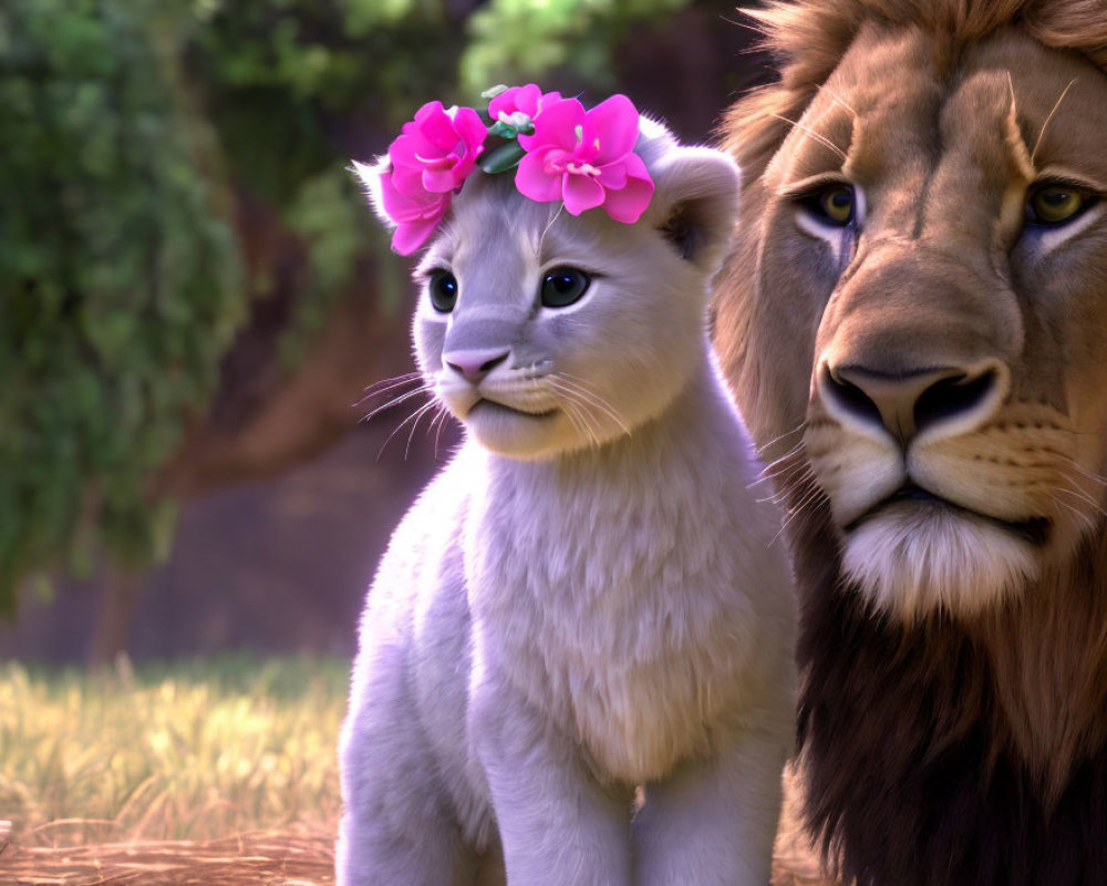 White lion cub with pink floral headband beside protective adult lion in serene setting