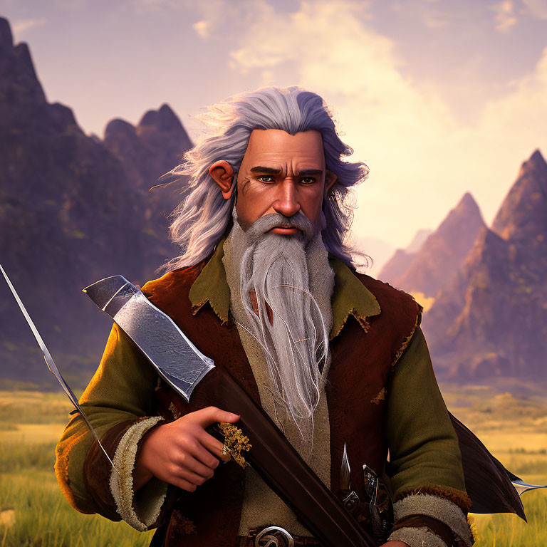 Elder man with white beard and axe in mountain landscape at dusk