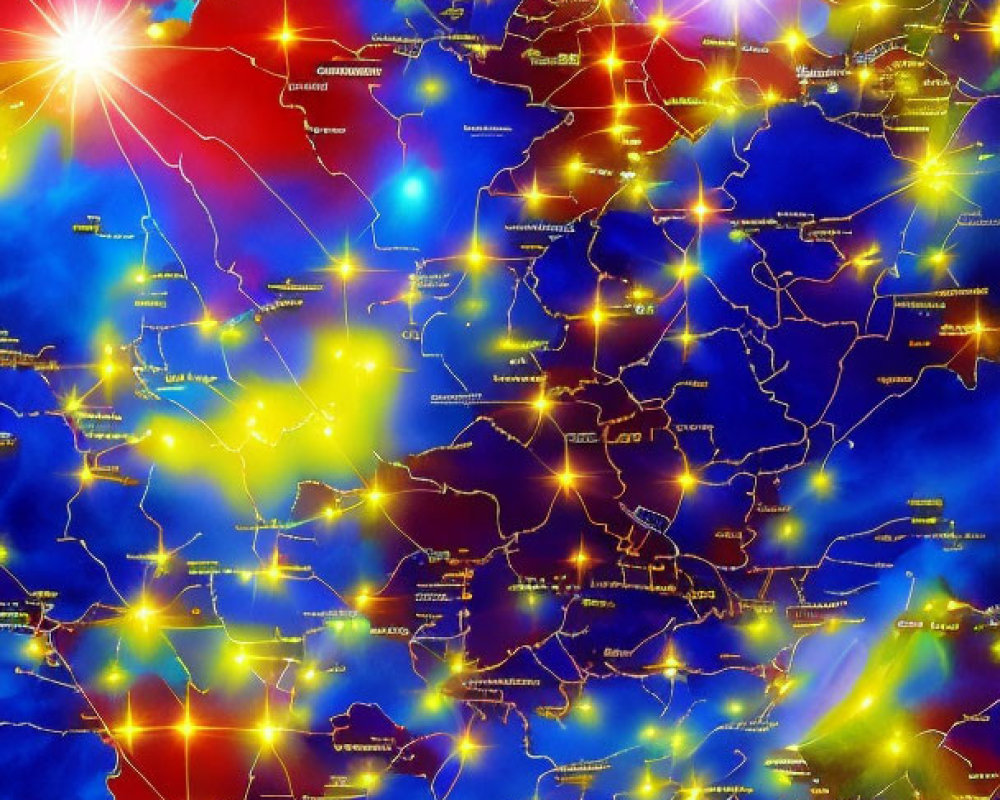 Colorful Map with Lens Flares Over Nodes on Blue Background