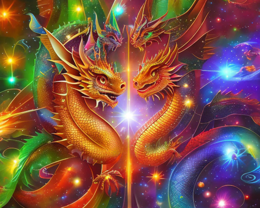 Golden dragons entwined in vibrant cosmic scene
