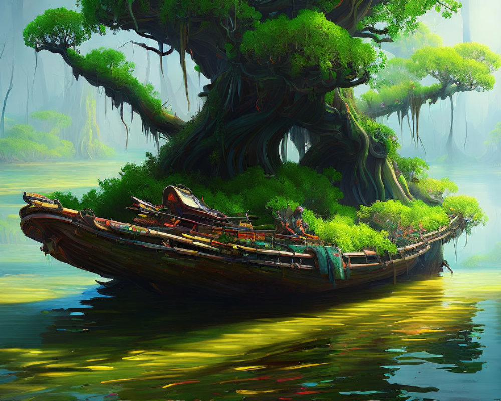 Enormous tree on old ship in misty green forest with water reflections