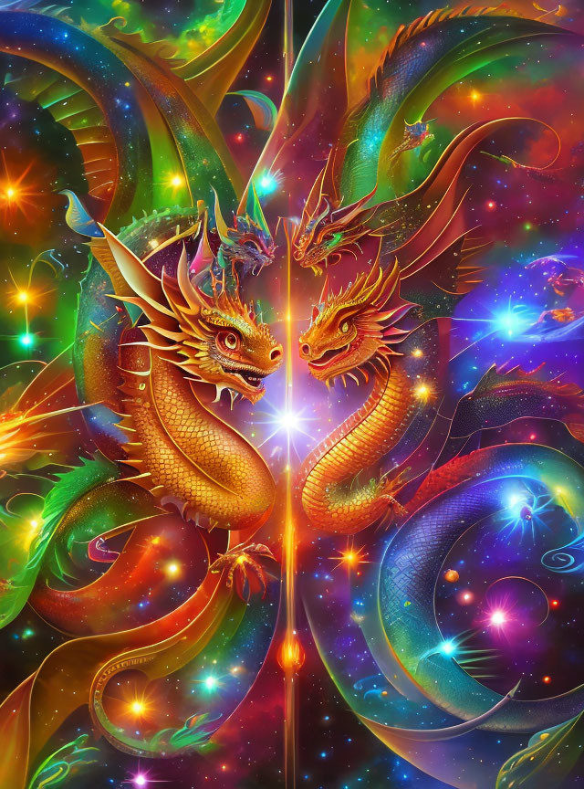 Golden dragons entwined in vibrant cosmic scene