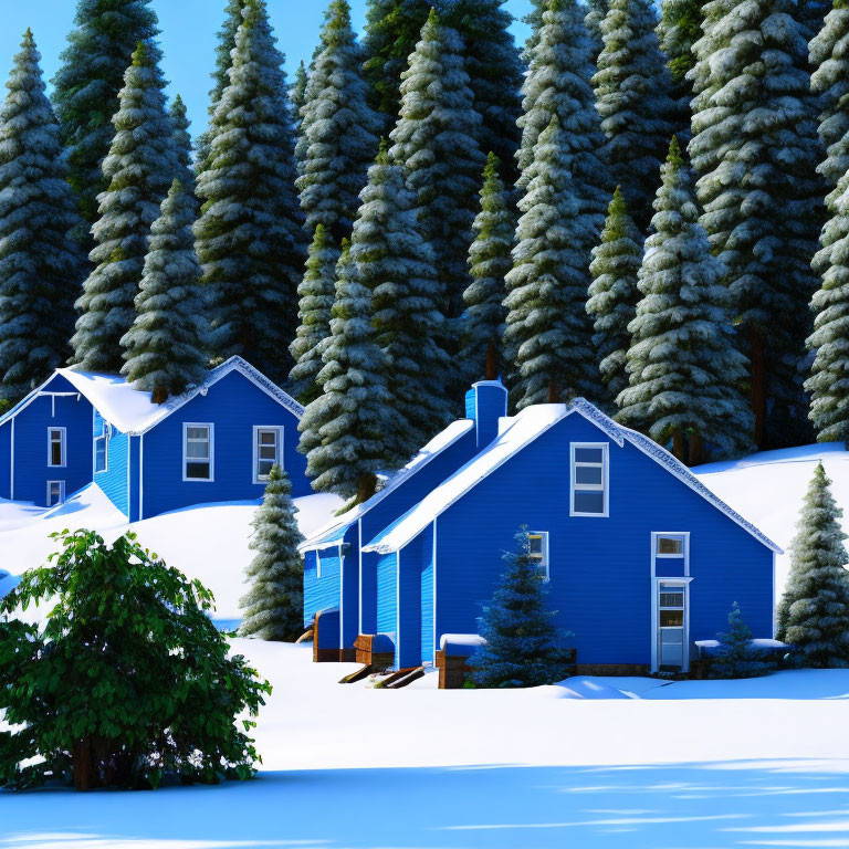 Blue houses with white roofs in snowy landscape with evergreen trees.