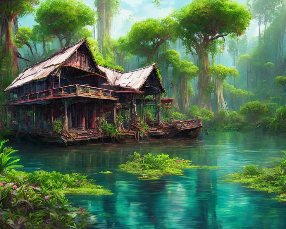 Old Wooden House on Stilts by Calm River Surrounded by Greenery