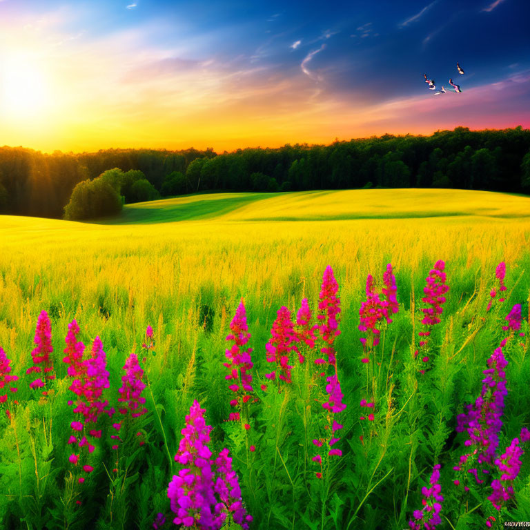 Scenic landscape with wheat field, purple flowers, trees, and sunset sky