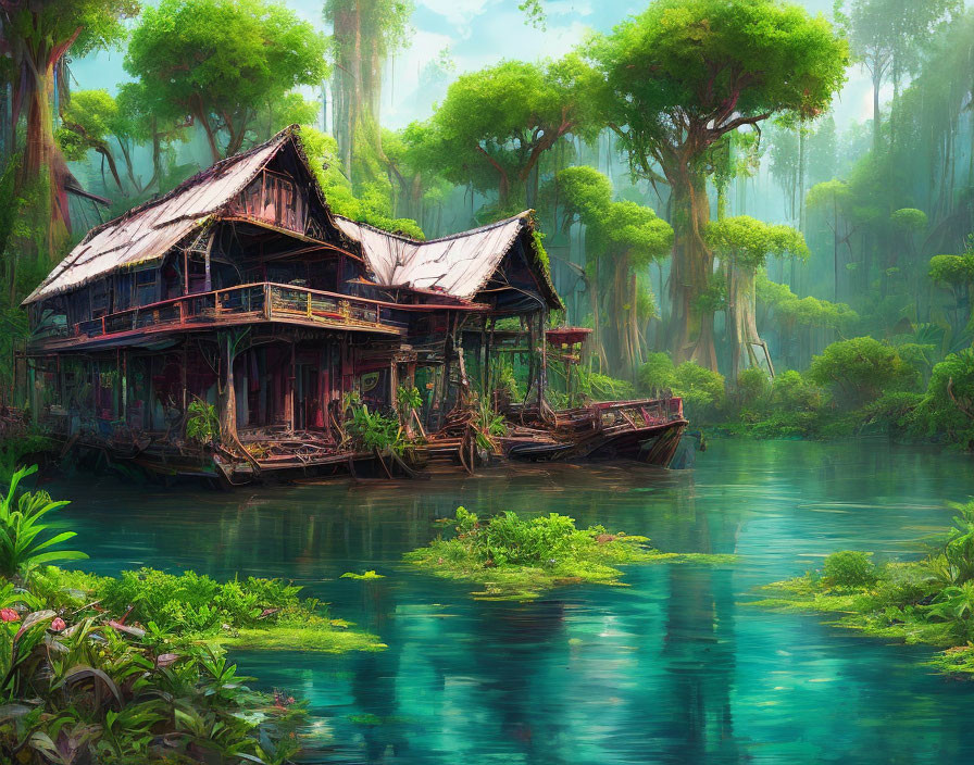 Old Wooden House on Stilts by Calm River Surrounded by Greenery
