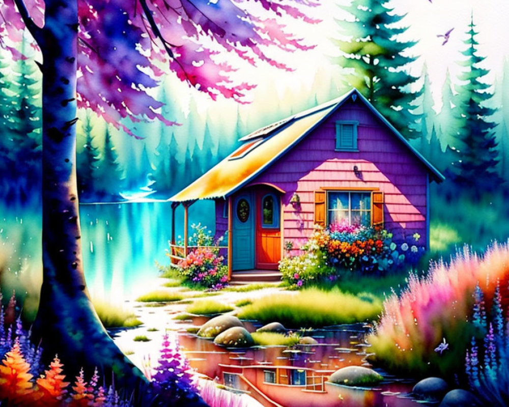 Colorful Illustration: Quaint Cottage by Serene Lake & Lush Forests