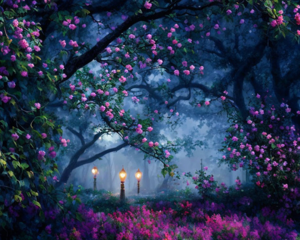Twilight forest scene with pink flowers, hazy atmosphere, and lit torches