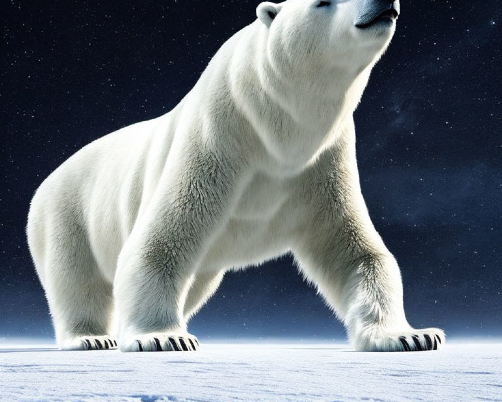 Majestic polar bear on snowy terrain under starry night sky