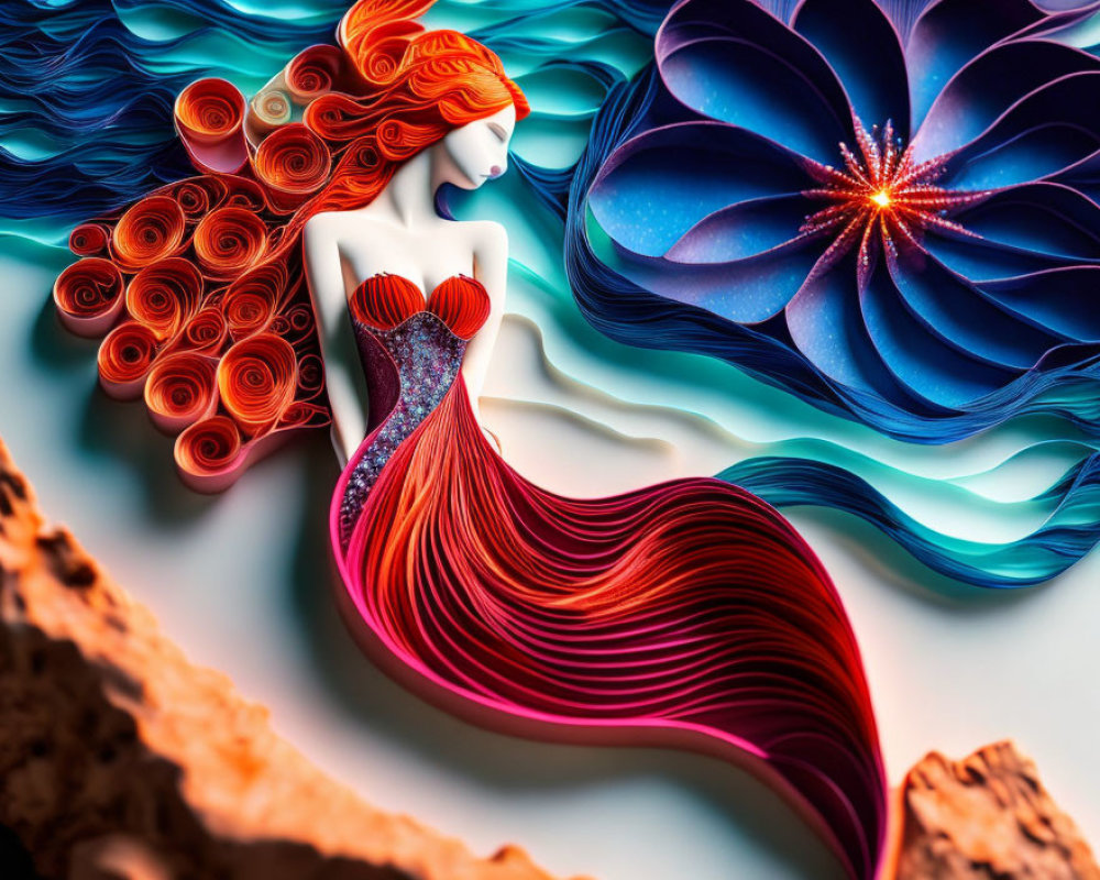 Artistic image of red-haired figure in paper quilling style against vibrant floral backdrop