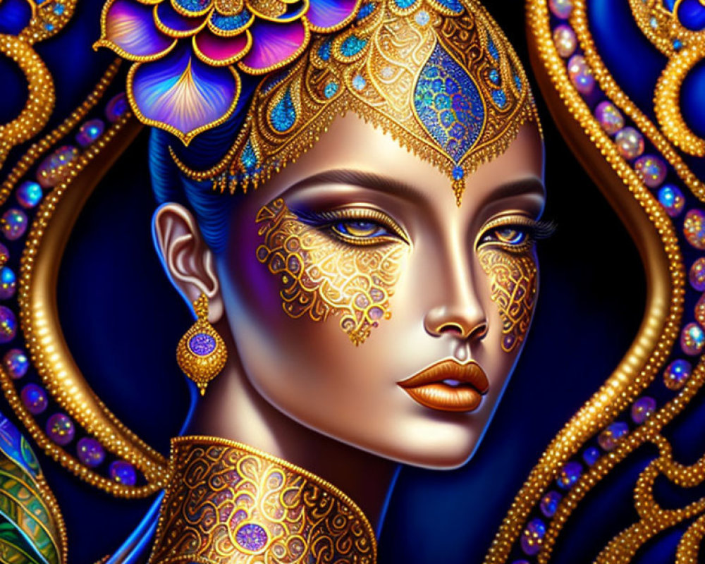 Detailed Portrait of Woman in Gold and Blue Jewelry