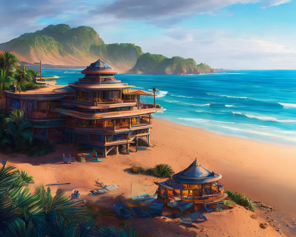 Tranquil Asian-style beach landscape with wooden buildings, sandy shores, turquoise ocean, and lush green
