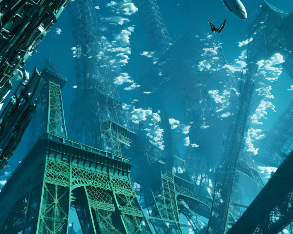 Submerged city with towering structures and marine life in clear blue waters