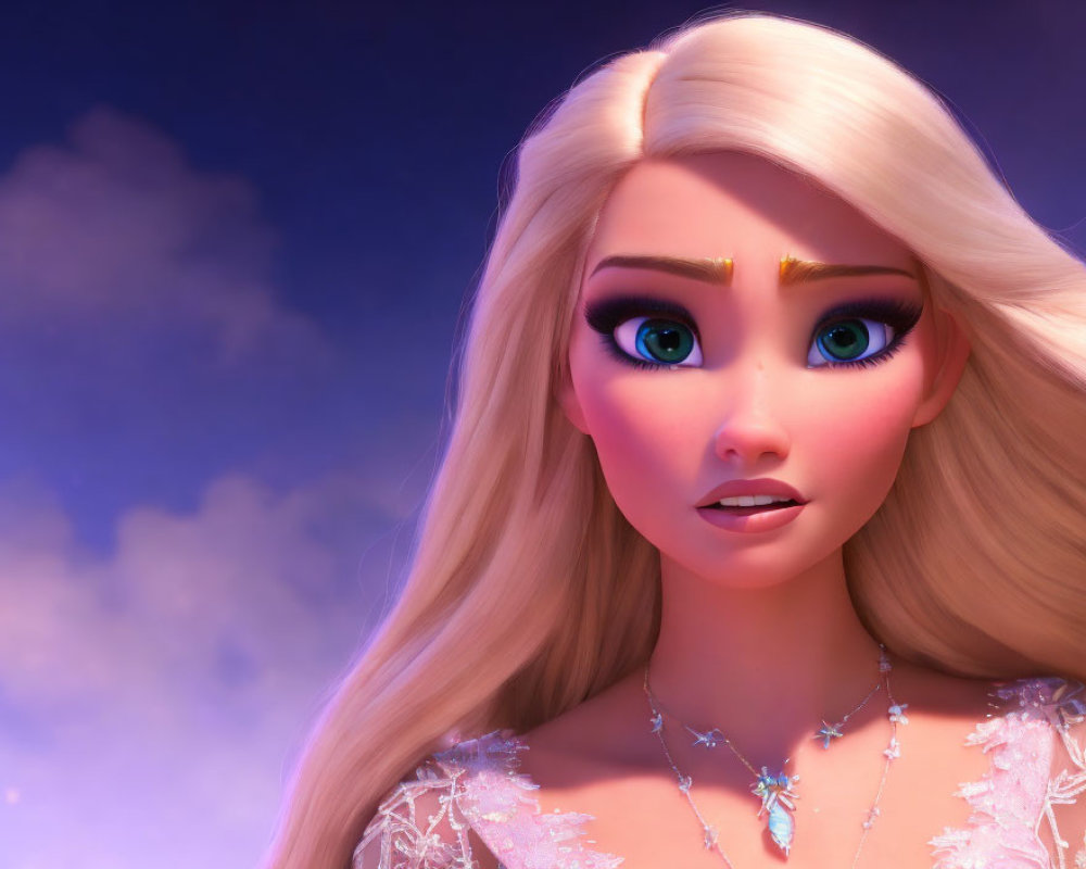 Blonde 3D animated character with blue eyes in sparkly snowflake dress