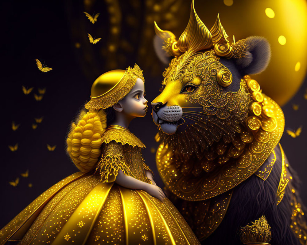 Girl in golden dress touching noses with majestic lion under golden moon surrounded by butterflies