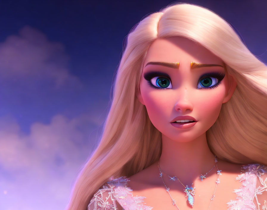 Blonde 3D animated character with blue eyes in sparkly snowflake dress