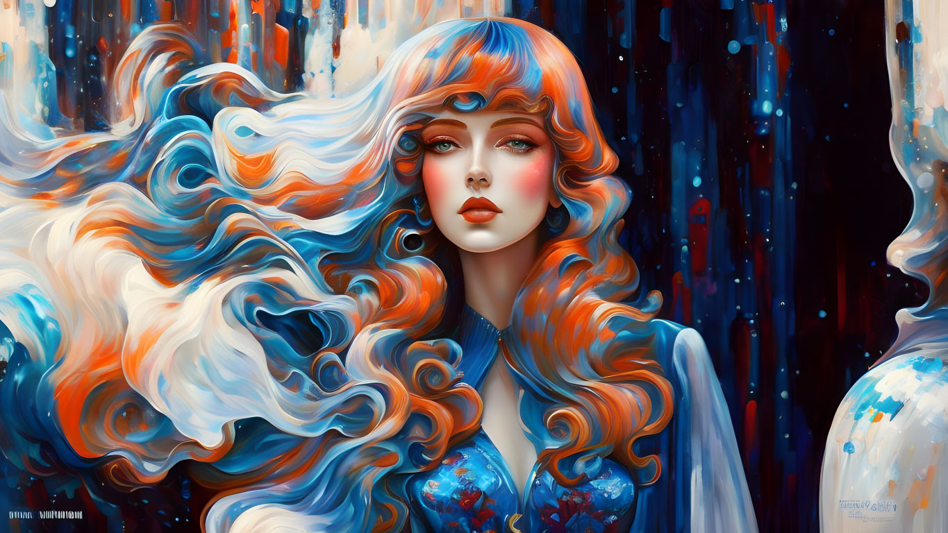 Colorful digital artwork: Woman with orange and blue hair and blue dress on abstract background