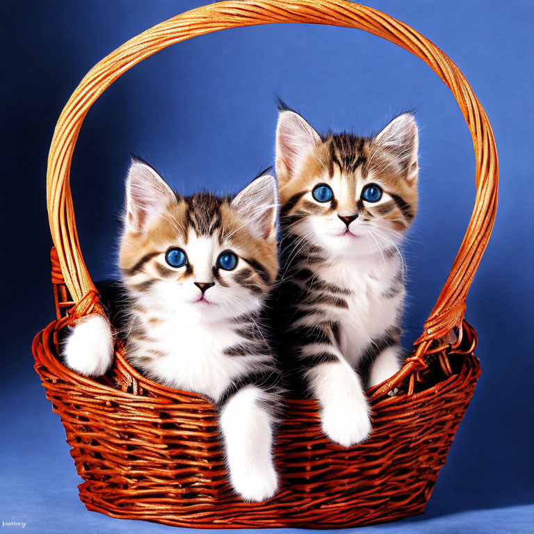 Adorable Kittens with Striking Blue Eyes in Woven Basket