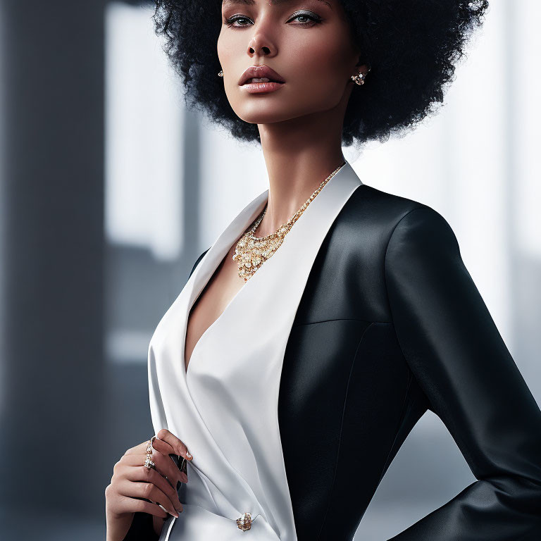 Person with voluminous curly hair in stylish white and black blazer and statement jewelry.