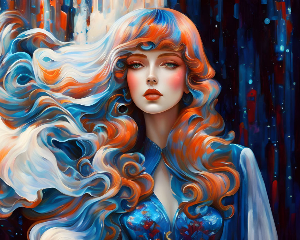 Colorful digital artwork: Woman with orange and blue hair and blue dress on abstract background