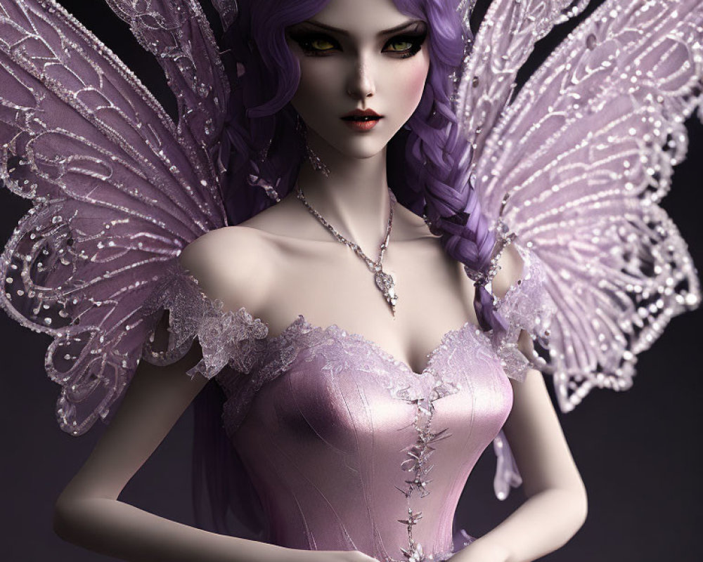 Female fairy with purple hair and ornate wings in strapless gown on dark background