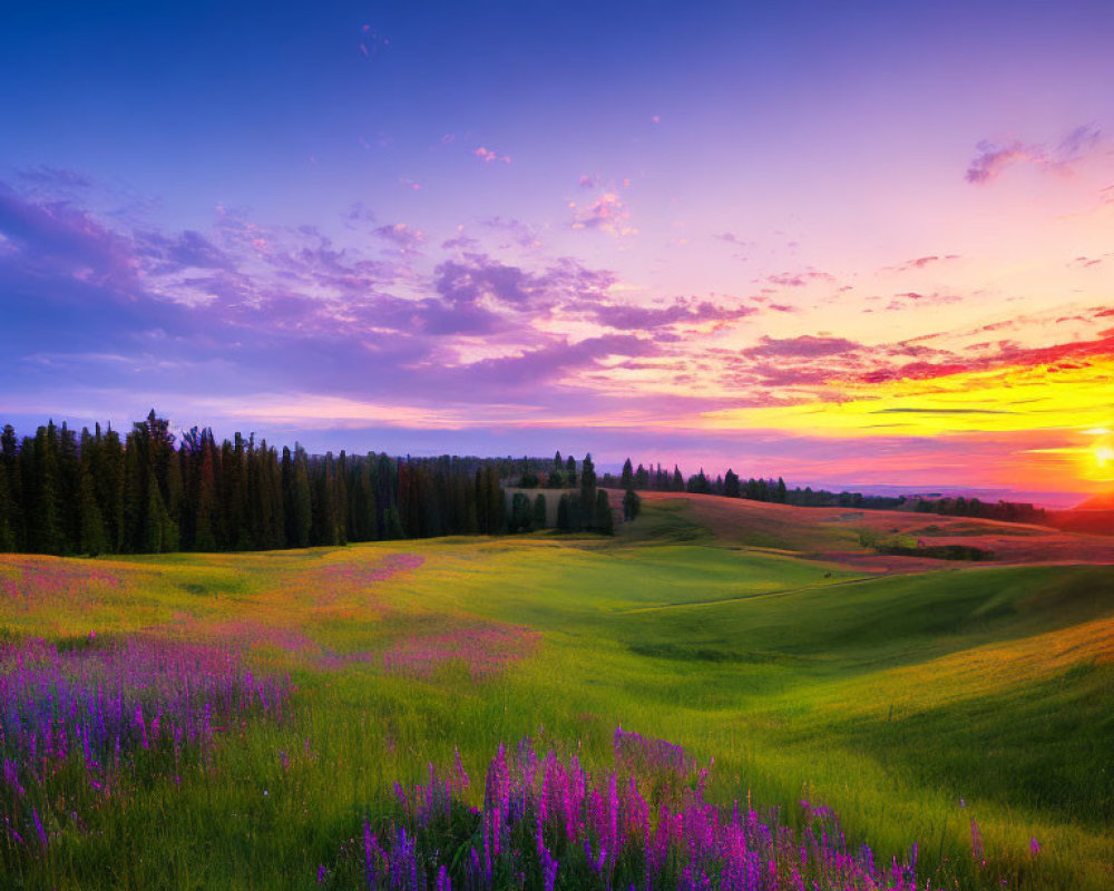 Vibrant sunset sky over lush green field with purple wildflowers