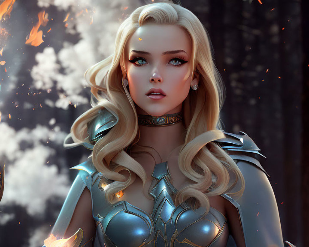 Blonde fantasy female character in armor with shield amidst flames and blue orb
