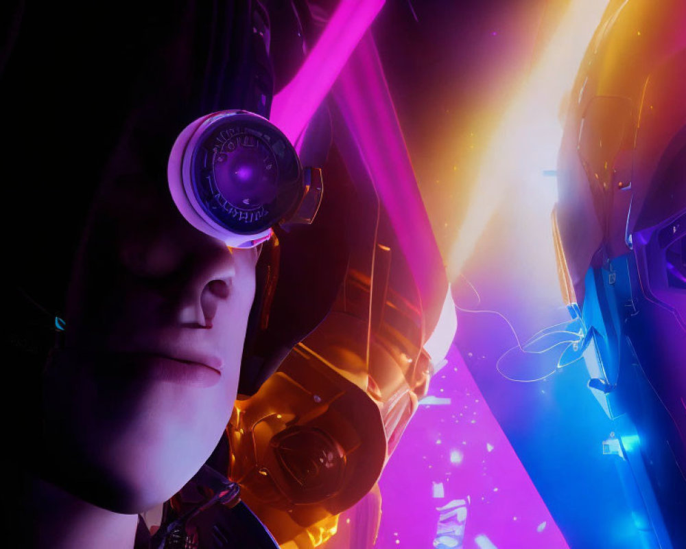 Close-up of animated character in purple visor with neon lights & futuristic backdrop
