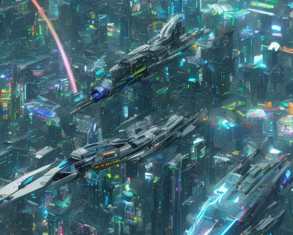 Futuristic night cityscape with neon lights, skyscrapers, and flying vehicles