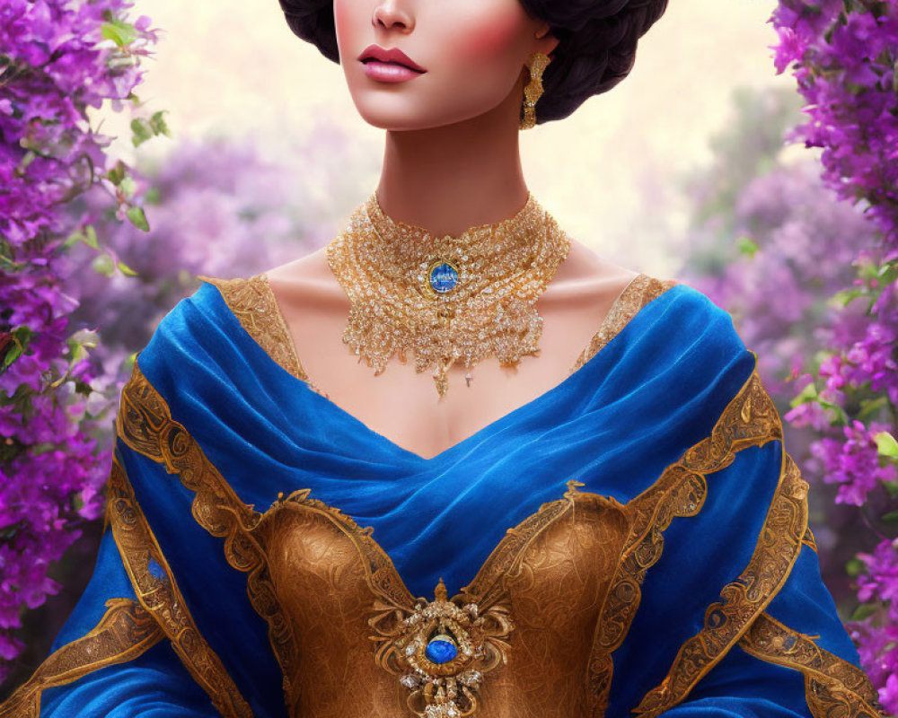 Woman with Blue Eyes and Purple Hair in Gold Jewelry and Dress with Blue Gemstones, Surrounded by
