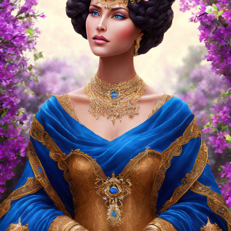 Woman with Blue Eyes and Purple Hair in Gold Jewelry and Dress with Blue Gemstones, Surrounded by