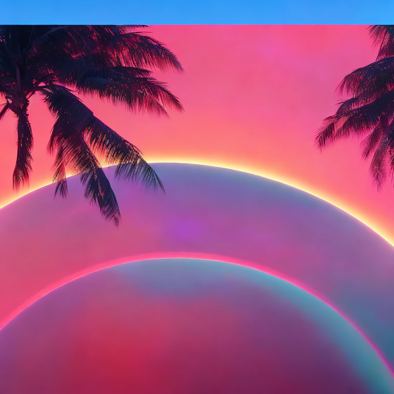 Neon rainbow over pink and blue sky with palm tree silhouettes