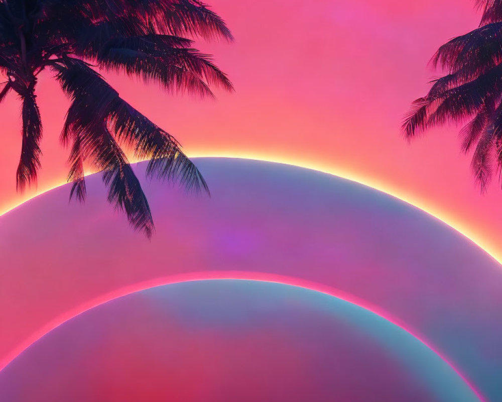 Neon rainbow over pink and blue sky with palm tree silhouettes