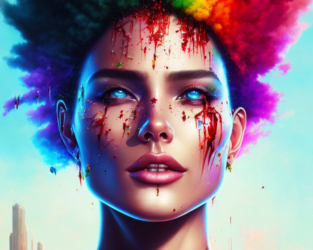 Colorful digital portrait of a woman with paint-splattered afro and blue eyes