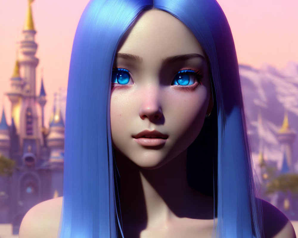 Digital portrait of female character with blue hair and eyes in fairy-tale castle setting