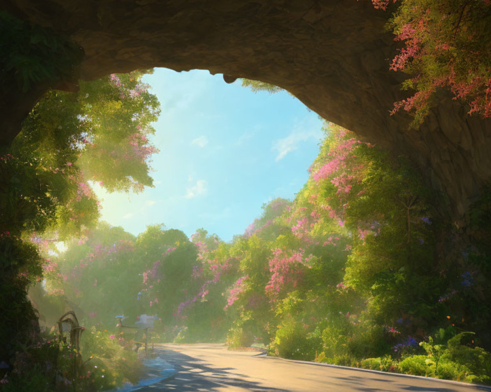Tranquil road under rock arch with greenery and pink blossoms