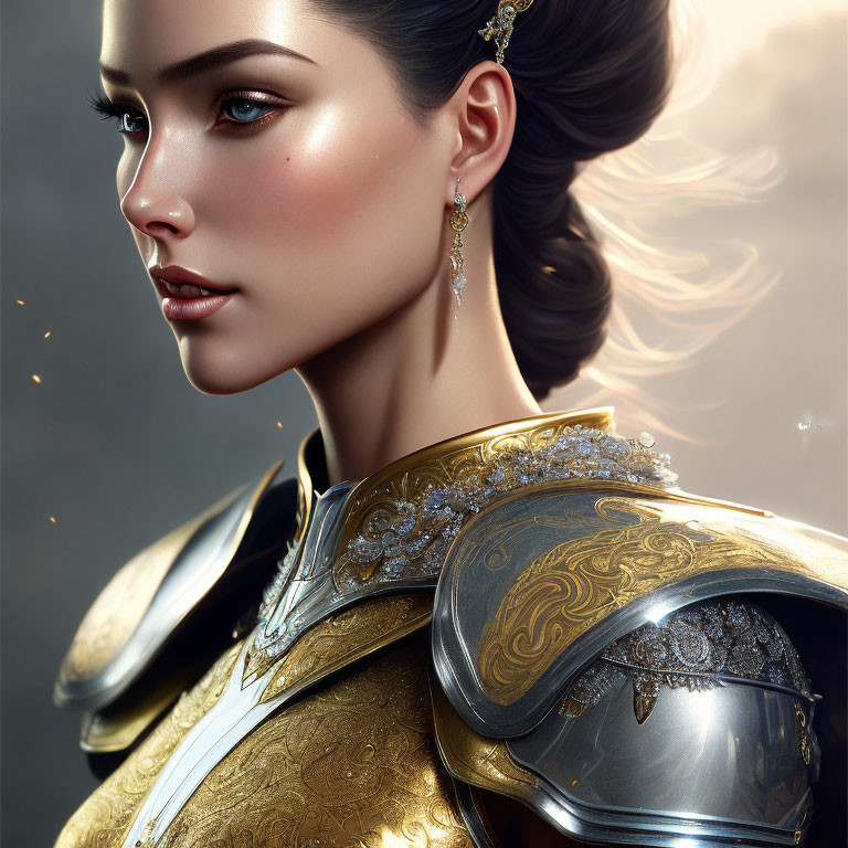 Digital art portrait of a woman in ornate golden armor with intricate designs