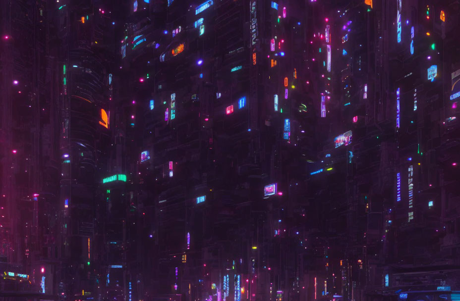 Neon-lit cyberpunk cityscape with towering buildings at night