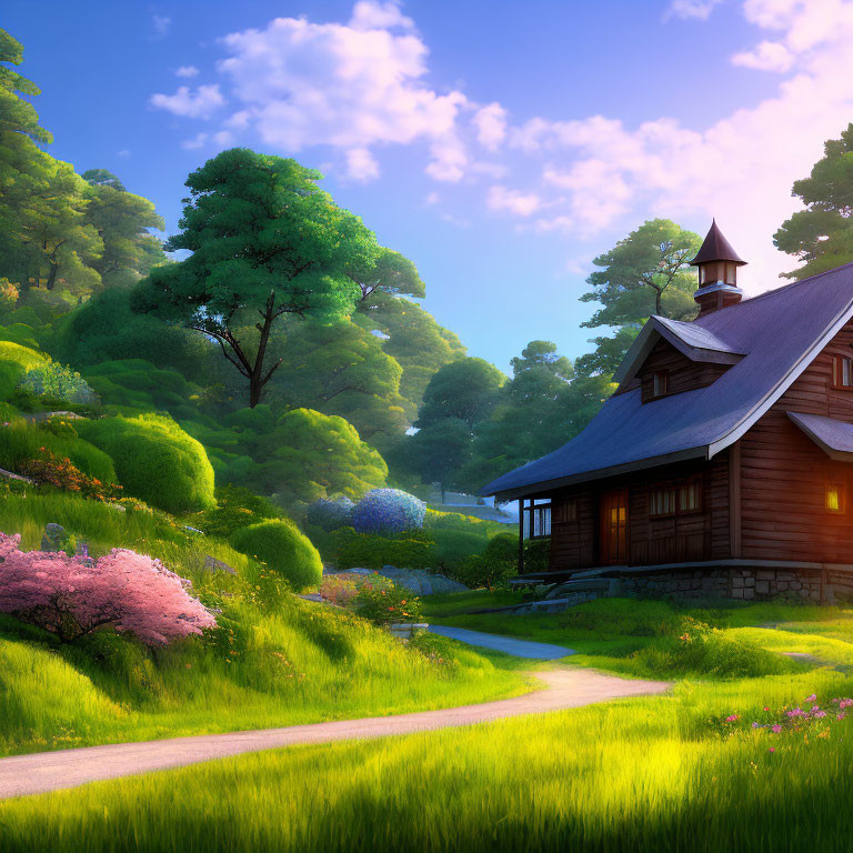 Tranquil landscape with wooden cabin, lush greenery, pink flowering trees