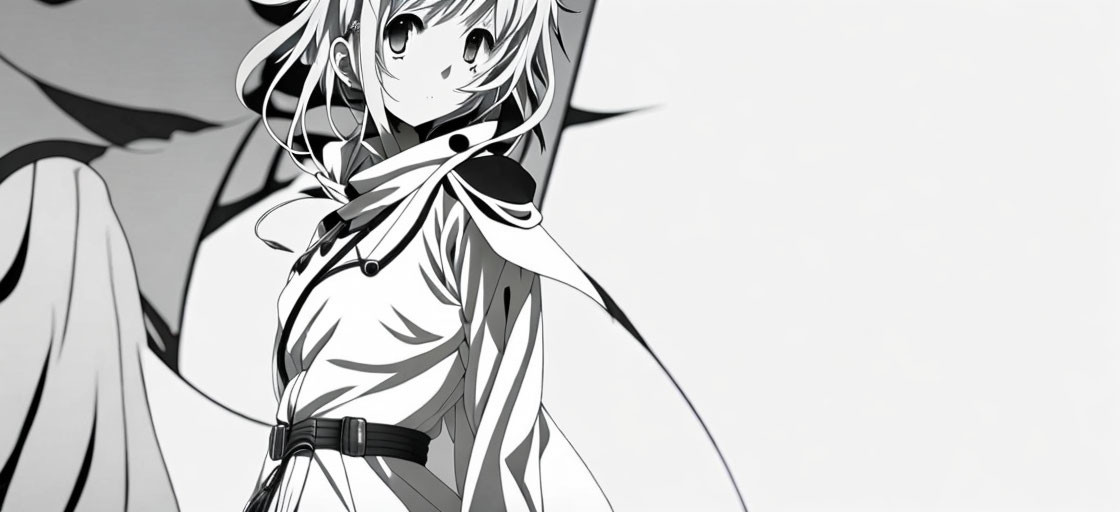 Monochrome anime girl with long hair and cloak, smiling sideways