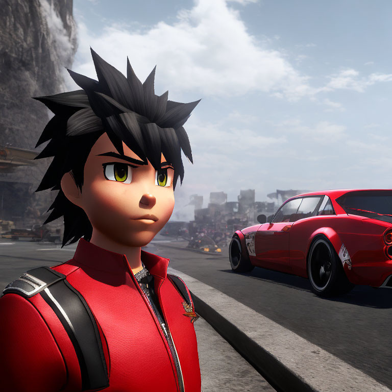 Spiky Black-Haired 3D Character in Red Jacket by Red Sports Car