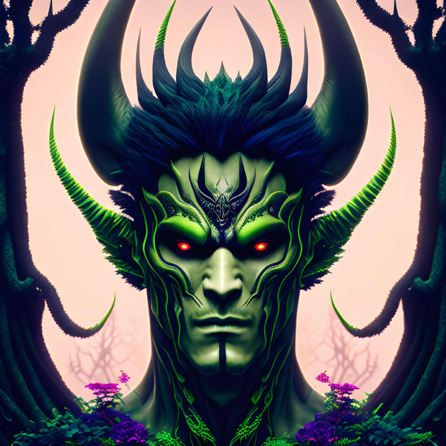 Symmetrical digital artwork of green-skinned creature with red eyes and black horns in mystical purple forest