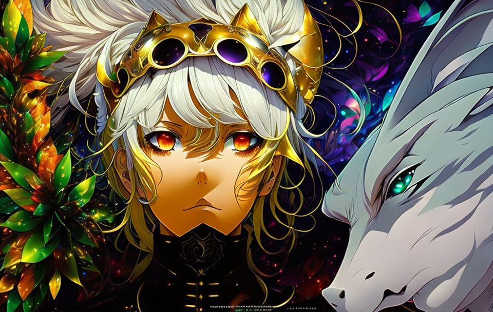 Anime-style character with golden eyes, white hair, crown, mystical dragon, cosmic backdrop