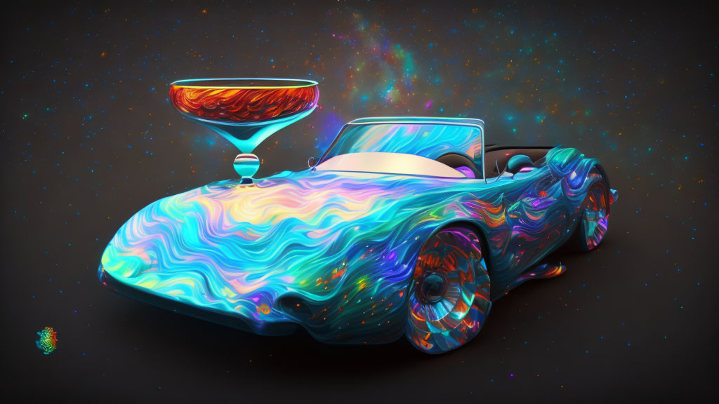 Colorful Classic Convertible Car and Luminous Cocktail Glass Under Starry Sky