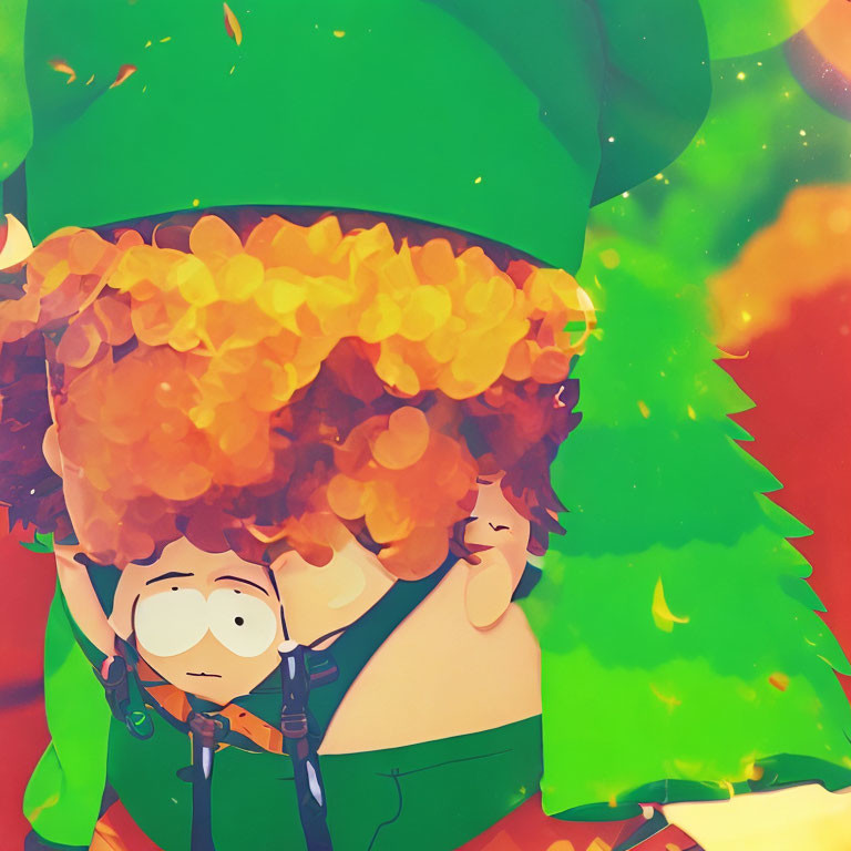 Distressed character with curly orange hair, glasses, goggles, and green hat in vibrant background