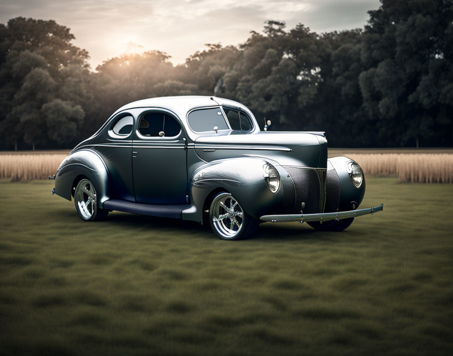Classic Vintage Car with Glossy Finish Parked on Grass at Sunset