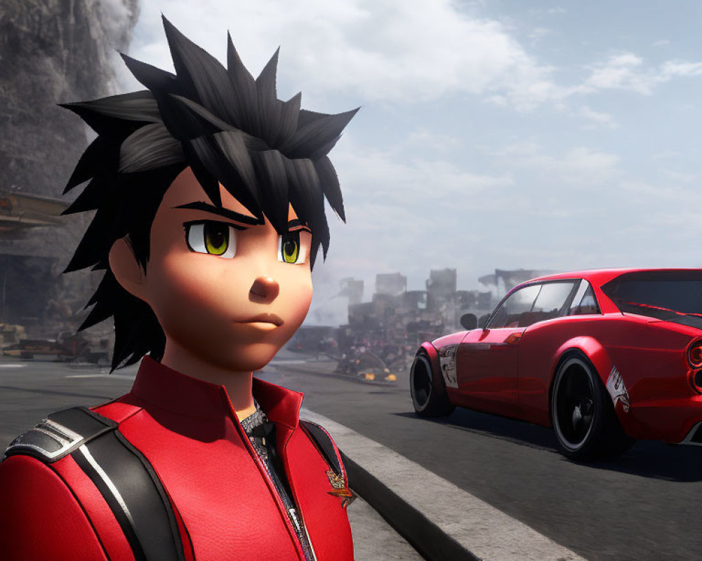 Spiky Black-Haired 3D Character in Red Jacket by Red Sports Car