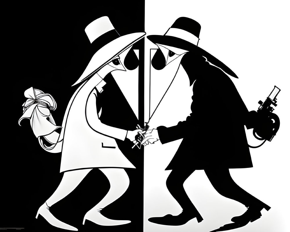 Stylized black and white split illustration of mirrored figures in trench coats and fedoras